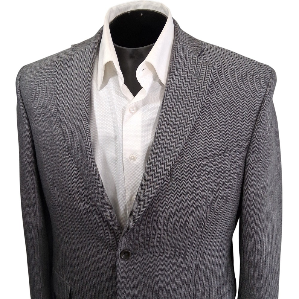 Calvin‎ Klein Blazer Mens 42R Grey Herringbone 100% Wool Double Vent Sport Coat